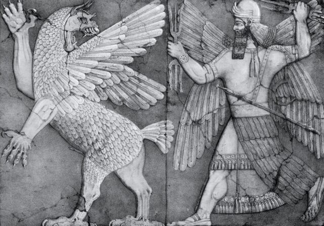 This 9th century BCE relief depicts a griffin-like monster being pursued by a deity.