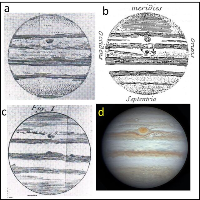 Comparison between the permanent macula and the present great red macula.  (A) December 1690. (B) January 1691. (C) January 19, 1672. (D) August 10, 2023.