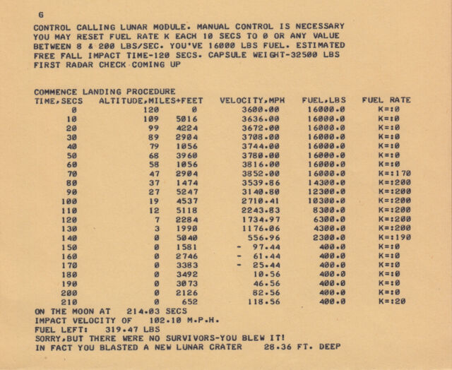 A scan of printed teletype output from the original <em>Lunar Lander</em> game, provided by Jim Storer.