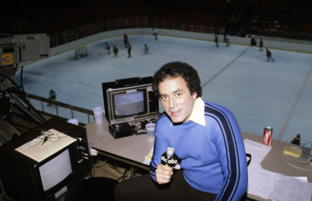 Al Michaels reports on the Sweden vs. USA men's ice hockey game at the 1980 Olympic Winter Games on February 12, 1980.