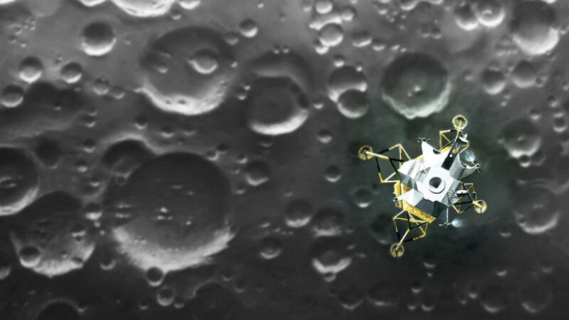 Illustration de l'atterrisseur lunaire Apollo Eagle au-dessus de la Lune.