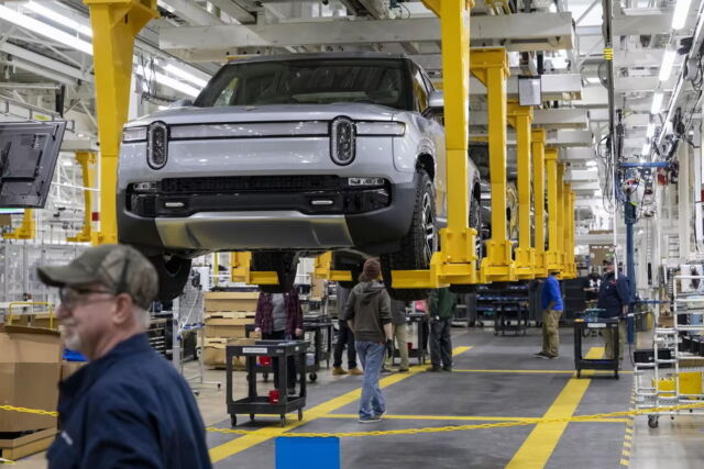 Rivian electric vehicles on the assembly line at the carmaker’s plant in Normal, Illinois. Its focus on luxury vehicles means many families cannot afford its cars.
