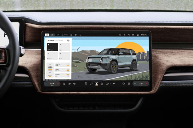 Up-close image of Rivian's dash screen, showing on-road/off-road settings