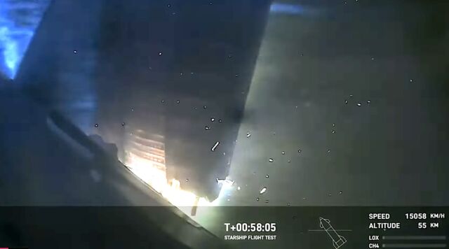 Visible damage to one of the flaps on the nose of SpaceX's Starship vehicle during reentry.