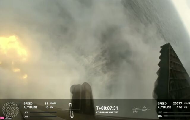 A camera aboard SpaceX's Super Heavy booster captured this view of the rocket reaching the Gulf of Mexico after Thursday's launch.