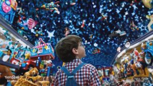 A screen capture from the partially AI-generated Toys "R" Us brand film created using Sora.