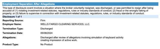 A screenshot of a FINRA report showing that an employee was 