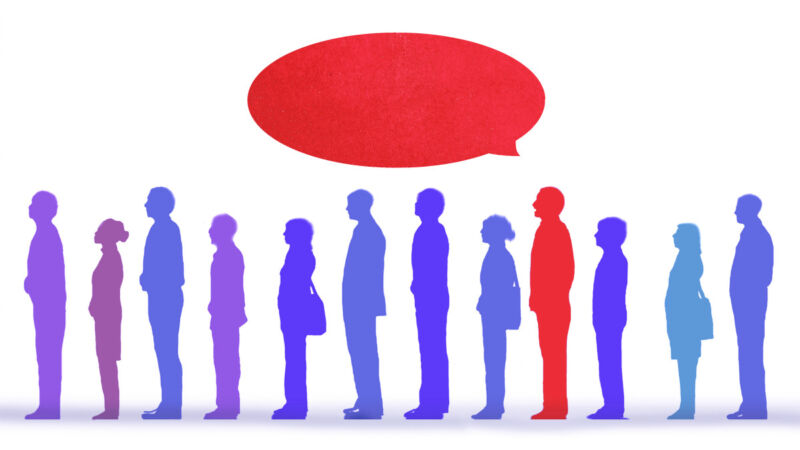 Illustration of businesspeople with red blank speech bubble standing in line.