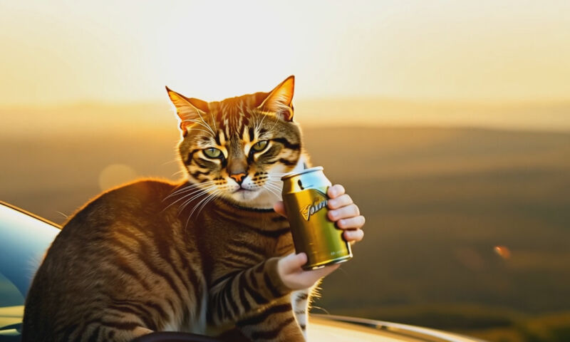 A screen capture of an AI-generated video of a cat drinking a can of beer, created by Runway Gen-3 Alpha.