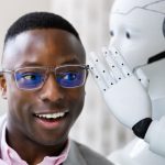 Stock Photo: AI Cyborg Robot Whispering Secret Or Interesting Gossip