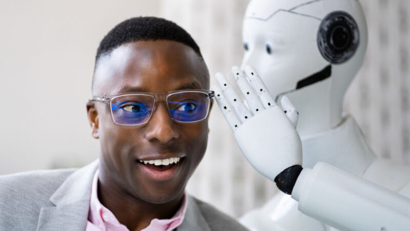 Stock Photo: AI Cyborg Robot Whispering Secret Or Interesting Gossip