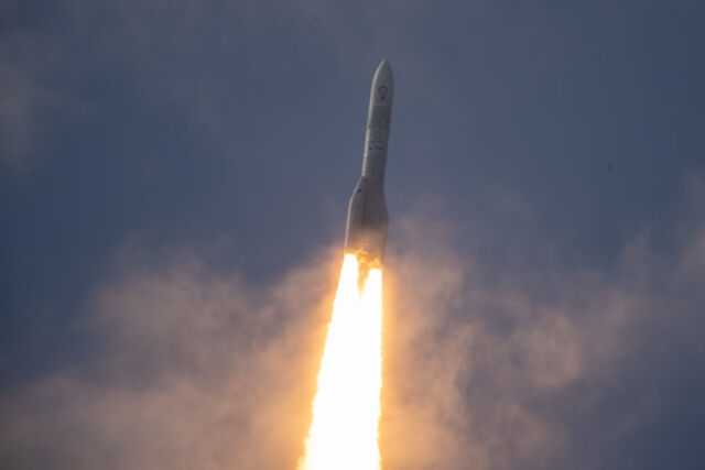 Two solid-fueled boosters and a Vulcain 2.1 main engine propel the Ariane 6 rocket into the sky over French Guiana.