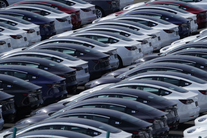 Tesla Inc. vehicles in a parking lot after arriving at a port in Yokohama, Japan, on Monday, May 10, 2021.