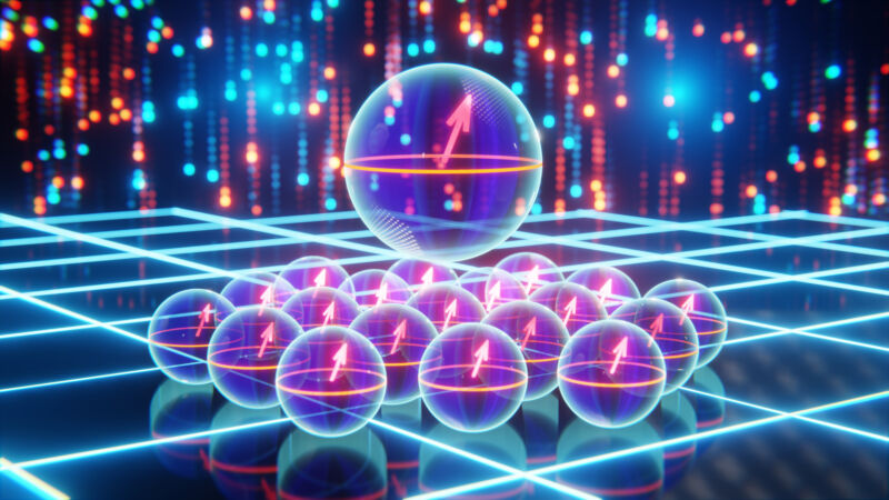 Image of a set of spheres with arrows within them, with all the arrows pointing in the same direction.