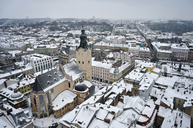 The cityscape from the tower of the Lviv Town Hall in winter.