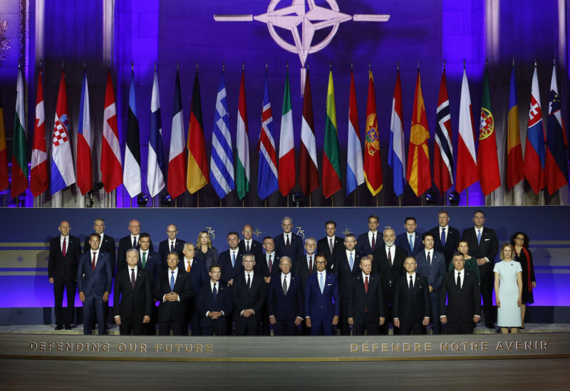 Heads of state pose for a group photo at an event Tuesday celebrating the 75th anniversary of NATO.
