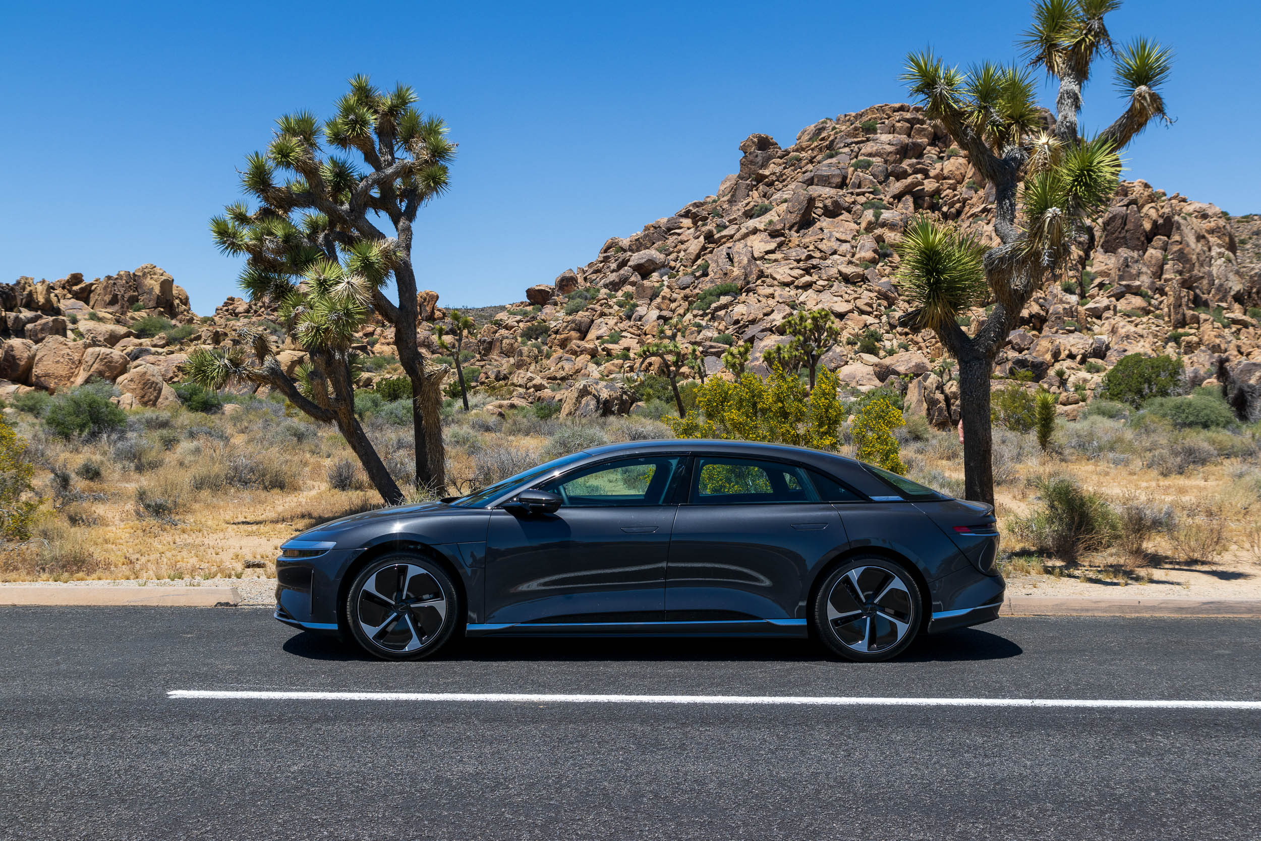 A Lucid Air parked in Joshua Tree National Park