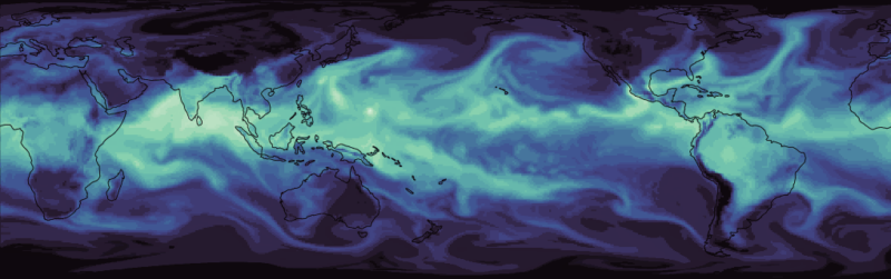 Image of a dark blue flattened projection of the Earth, with lighter blue areas showing the circulation of the atmosphere.