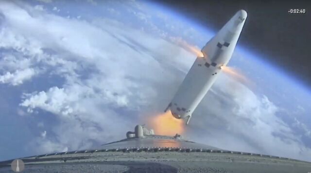 This view from a camera aboard the Ariane 6 rocket shows separation of one of its strap-on boosters.