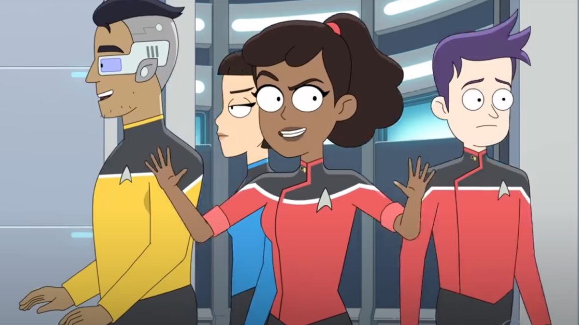 animated image of starfleet lower decks officers walking through a door