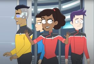 animated image of starfleet lower decks officers walking through a door