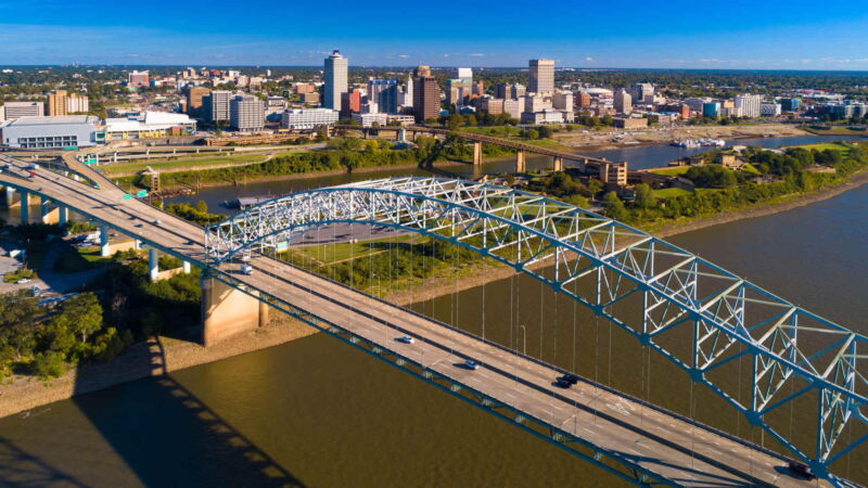 Top: A view of the downtown Memphis skyline, including the Hernando De Soto bridge which has been retrofitted for earthquakes. Memphis is located around 40 miles from a fault line in the quake-prone New Madrid system. 