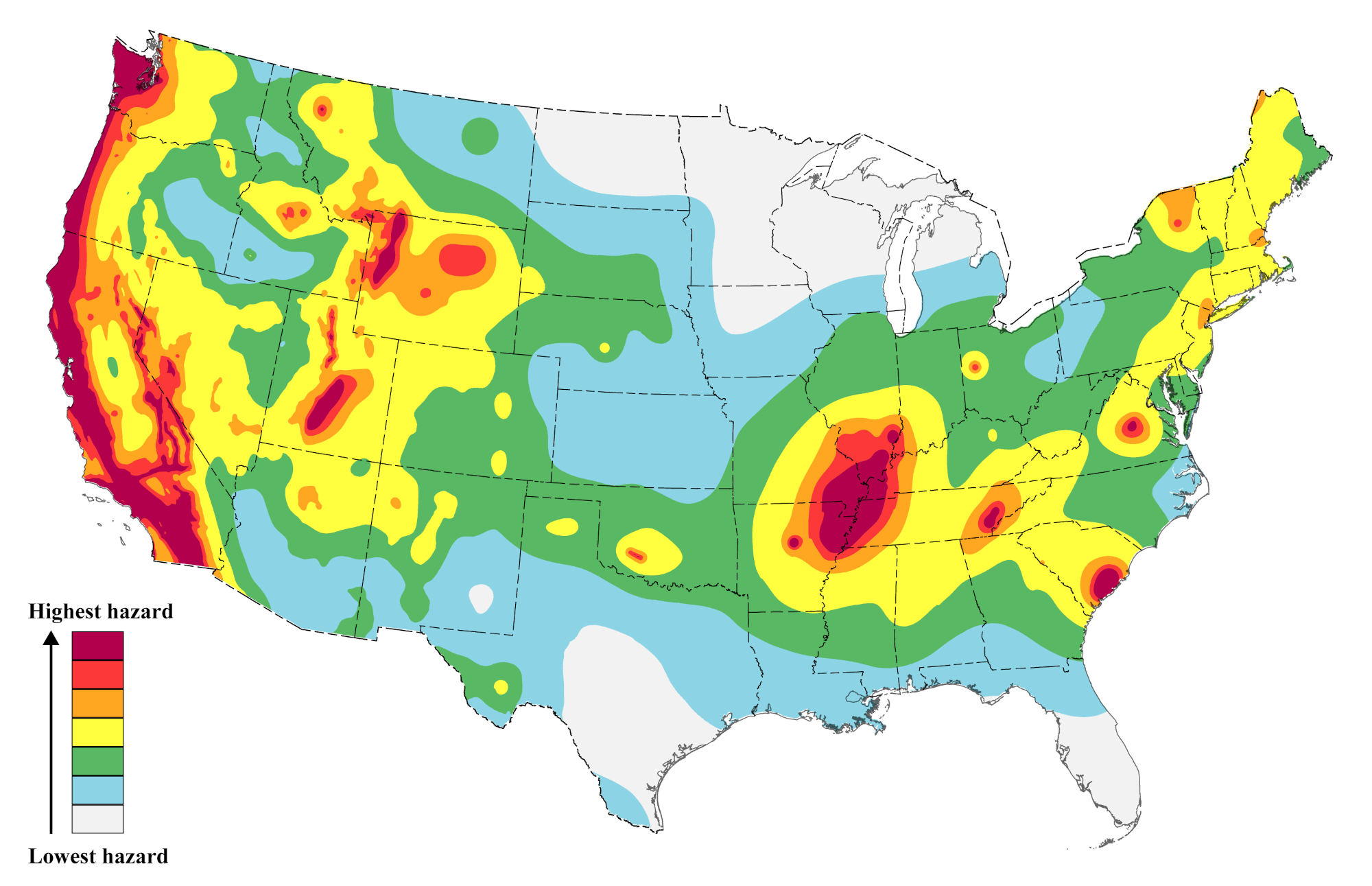 The USGS earthquake risk map sports a big bull’s eye in the middle of the country, far from the closest plate boundary. Shown here is the lower 48 states in the 2023 National Seismic Hazard Model Project, with highest earthquake risk in red and lowest risk shown in gray.