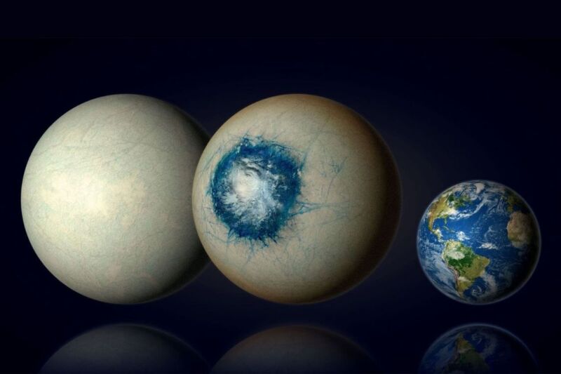 Image of three planets on a black background, with the two on the left being mostly white, indicating an icy composition. The one on the right is much smaller, and represents Earth.