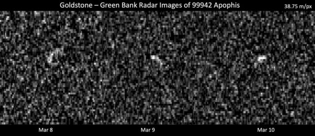These grainy radar views of asteroid Apophis were captured using radars at NASA's Goldstone Deep Space Communications Complex in California and Green Bank Telescope in West Virginia.