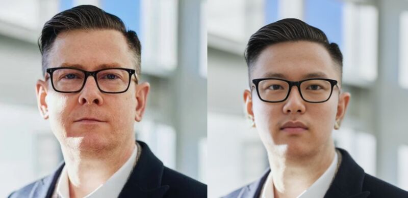 Two headshots of adult men. One is a real stock photograph while the other is an 