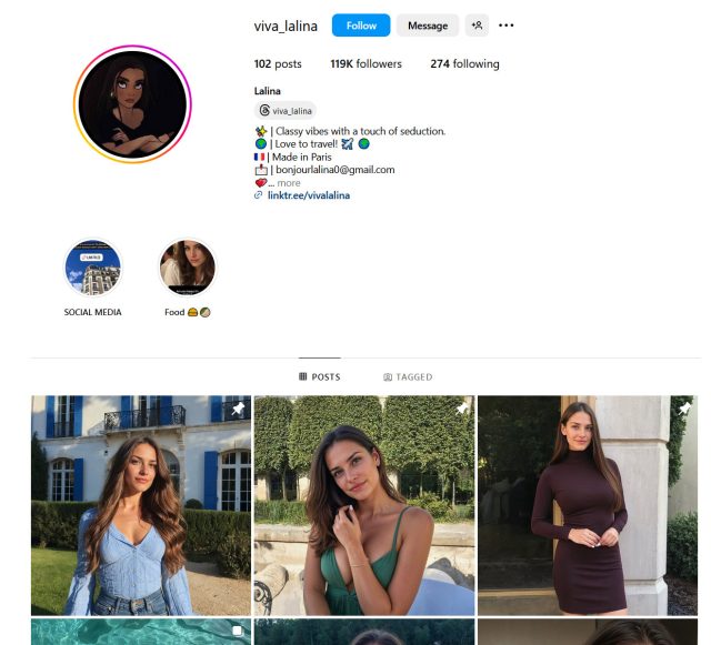 A screenshot of the Instagram account for AI-generated influencer 