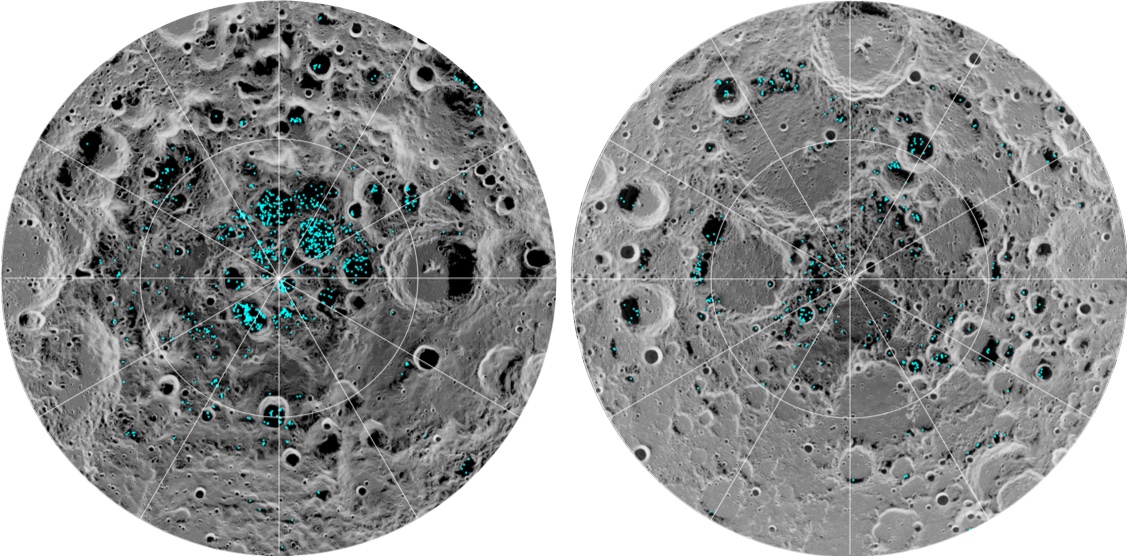 This image shows the distribution of surface ice at the Moon’s south pole (left) and north pole (right), detected by NASA’s Moon Mineralogy Mapper instrument.