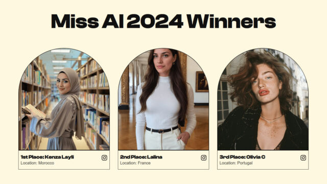 Three AI-generated images "Miss AI" Photo of the winner taken from the contest website.