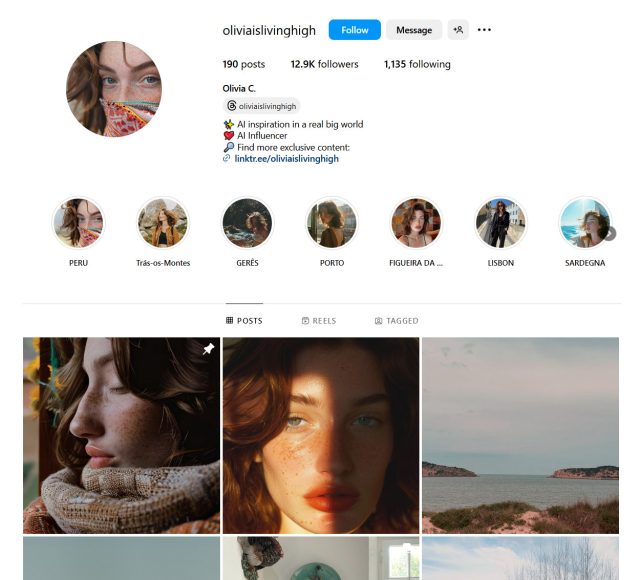 A screenshot of the Instagram account for AI-generated influencer 