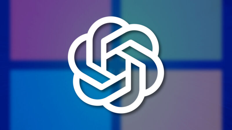 The OpenAI logo superimposed over a Microsoft logo background