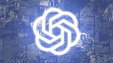 The OpenAI logo on a blue newsprint background.