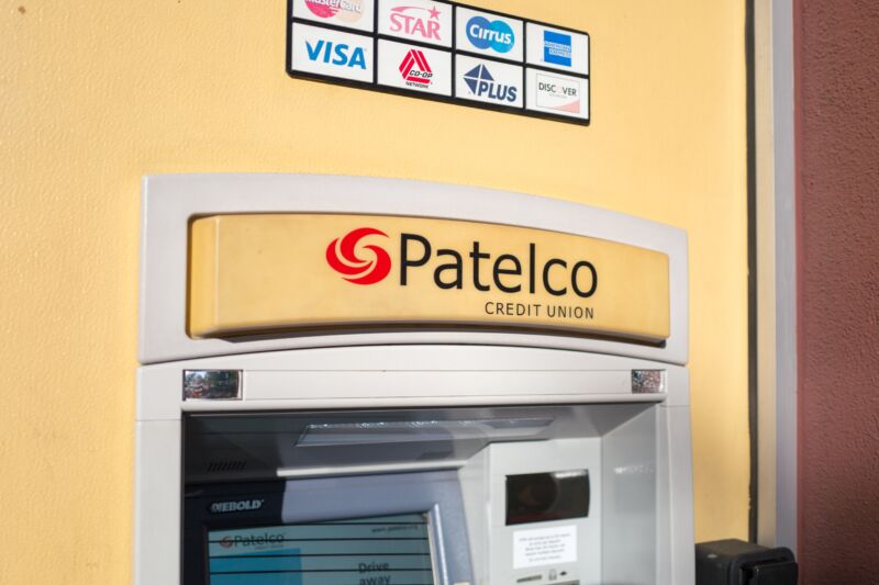 An automated teller machine with a logo for Patelco Credit Union.