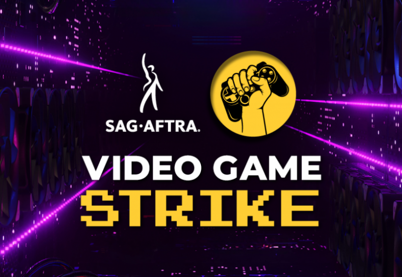 Image of SAG-AFTRA logo next to a raised fist holding up a game controller, with 