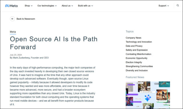 A screenshot of Mark Zuckerberg's essay, "Open Source AI Is the Path Forward," published on July 23, 2024.