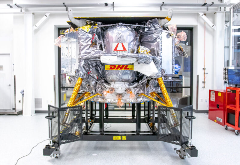 Astrobotic's Peregrine lander, with some of its propellants visible, before shipment from the company's headquarters in Pittsburgh to the launch site in Florida.