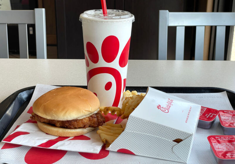 a Chick-fil-A meal is displayed at a Chick-fil-A restaurant on June 01, 2023 in Novato, California.