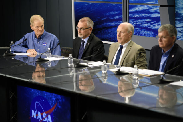 NASA Administrator Bill Nelson, associate administrator Jim Free, chief of space operations Ken Bowersox, and commercial crew program manager Steve Stich listen to a question during a news conference Saturday announcing the agency's decision to bring the crew of Boeing's Starliner spacecraft back to Earth on SpaceX's Dragon capsule.