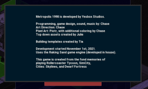 About screen from Metropolis 1998, which names developers, and cites RollerCoaster Tycoon, SimCity, Cities: Skylines, and Dwarf Fortress as inspiration.