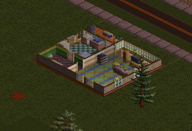 Isometric view of a pixellated home with a kitchen, dining room, living room, and little pantry off the kitchen.