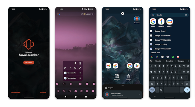 Lineup of four Android devices showing Nova Launcher aspects, including the logo, icon customization, and app drawer