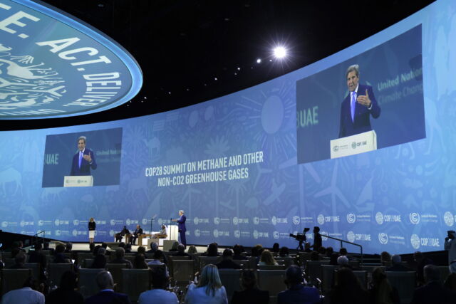 John Kerry, US special presidential envoy for climate, speaks at a session on the global need to reduce methane emissions during the COP28 climate conference in Dubai on Dec. 2, 2023. 