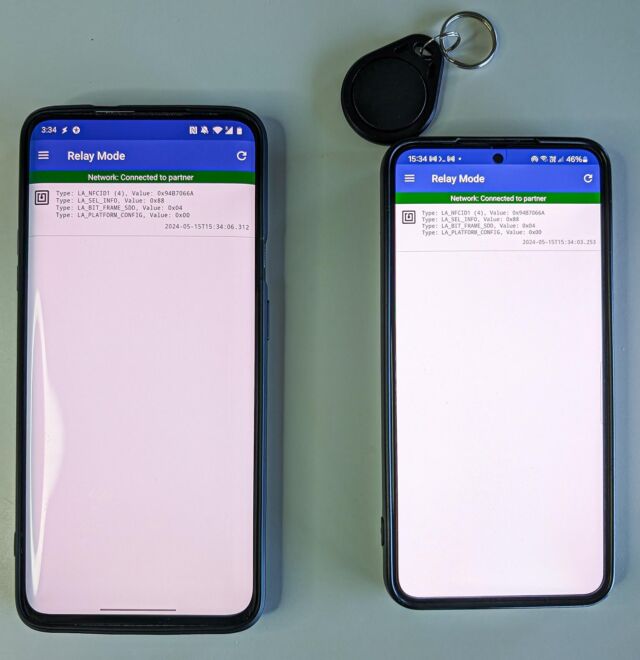 Figure 7. Android smartphone (right) that read and relayed an external NFC token’s UID to another device (left).