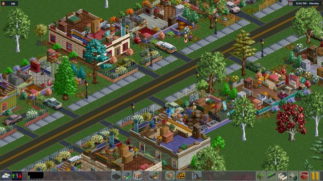 Isometric view of a number of homes along a tree-lined street in Metropolis 1998
