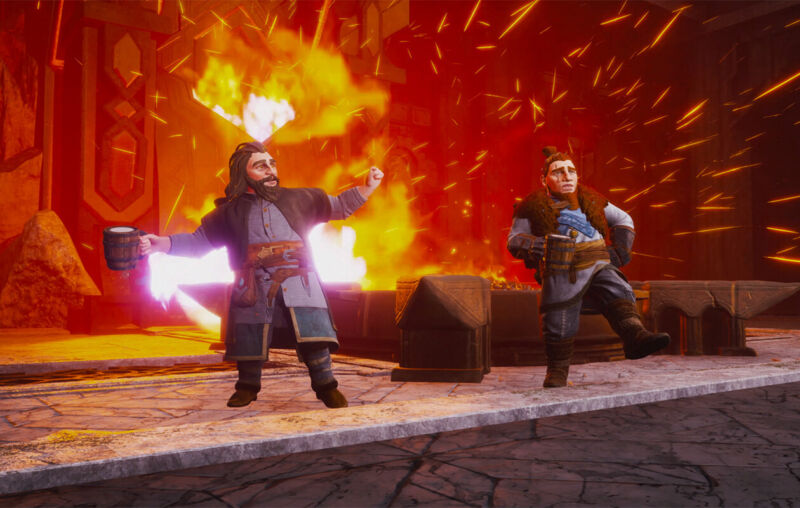 Screenshot from Return to Moria showing two dwarves dancing in front of a roaring forge