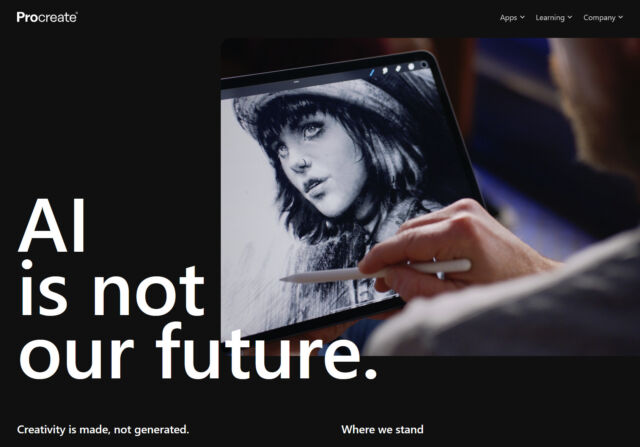 A partial screenshot of Procreate's AI website, taken on August 20, 2024.